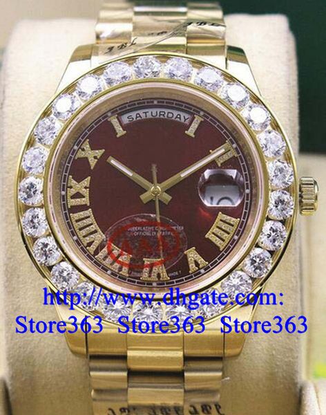 

new style red dial mens day-date 2 ii 18k 41mm president yellow gold bigger diamond ceramic bezel mechanical men watches, Slivery;brown