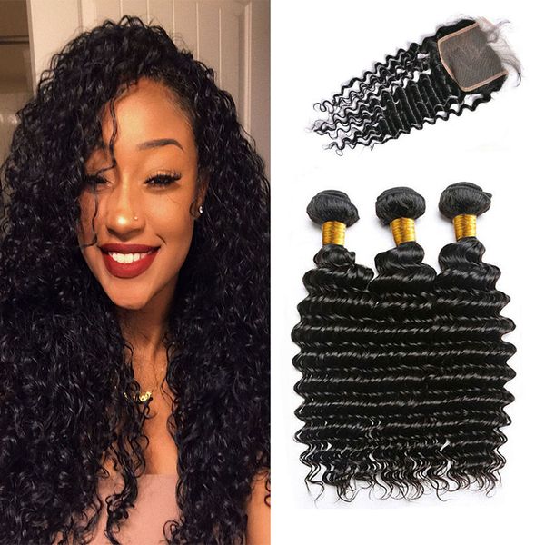 

peruvian deep wave curly hair 3 bundles with closure middle 3 part double weft human hair extensions dyeable human hair weave, Black;brown