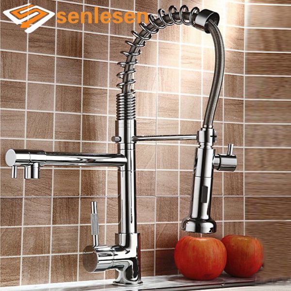 

wholesale- wholesale and retail polished chrome finish kitchen faucet dual sprayers swivel spouts vessel sink mixer tap deck mounted