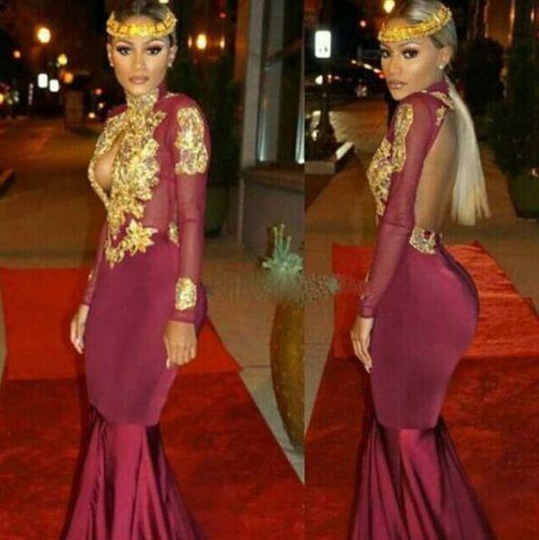 

2016 arabic burgundy long sleeves evening dresses gold lace appliques backless high neck keyhole neckline ankara mermaid evening dresses, Black;red