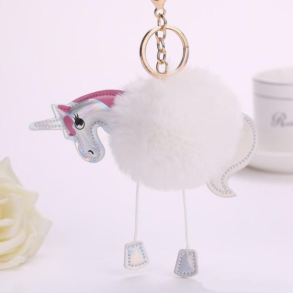 

new unicorn pony keychain lovely fluffy pendant artificial rabbit fur key chain bag car key ring hang bag accessories, Silver