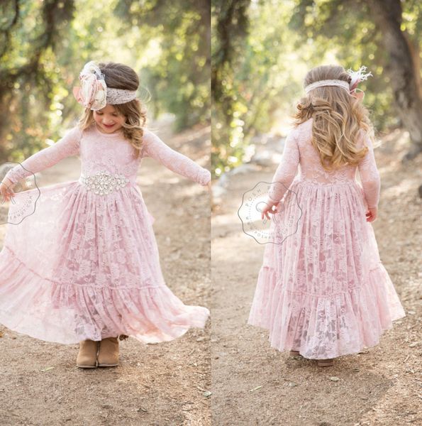 2019 empoeirado rosa meninas vestidos de flores boho boêmio país praia casamentos com mangas compridas tornozelo comprimento primeira comunhão vestido meninas