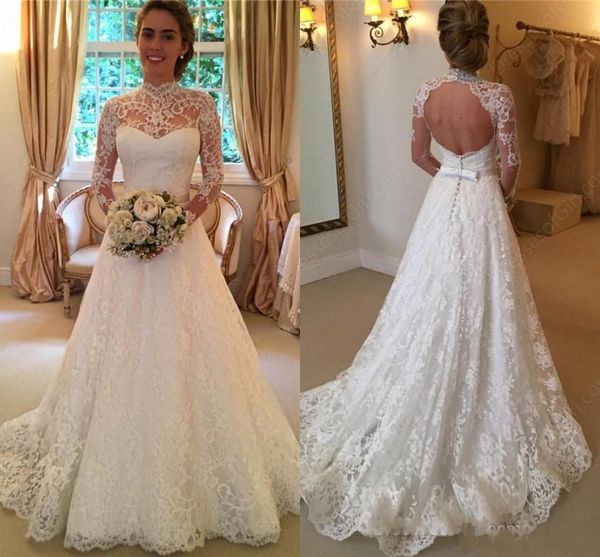 

винтаж полный кружева a line свадебные платья с длинными рукавами высокая шея спинки свадебные платья высокое качество дешевые свадебные сва, White