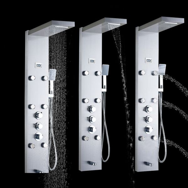 

Thermo tatic hower panel tower waterfall rain with ma ager body jet tub tap