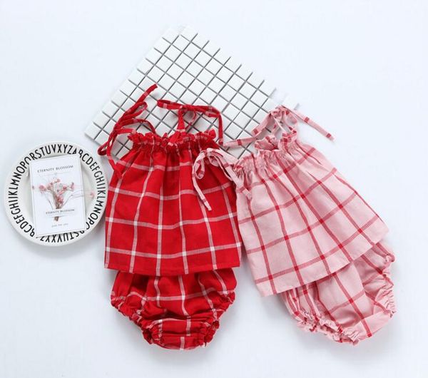 

Ins Baby girl kids 2 Pieces Set Kids girl summer Suit Set 100% cotton plaid T shirt + shorts kids clothing sets 2 colors
