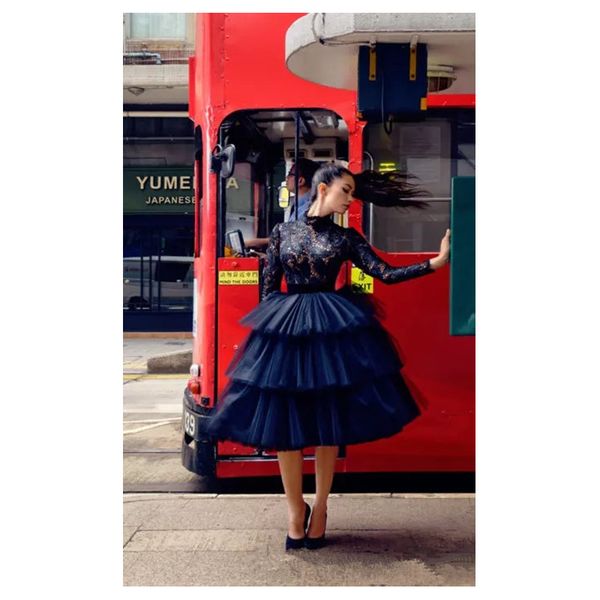 

high neck black lace long sleeve tea-length evening dress vertical tiered tulle prom dress party dress formal occasion wear, Black;red