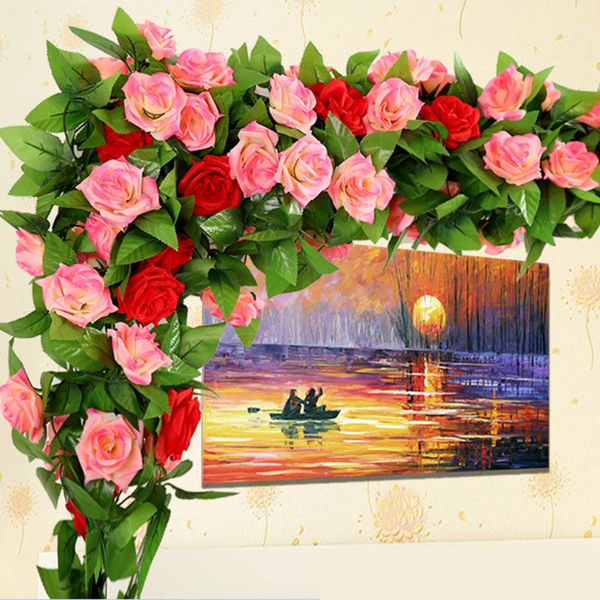 

wholesale- 250cm fake silk roses ivy vine artificial flowers with green leaves for home wedding decoration hanging garland decor