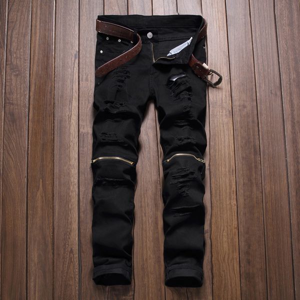 

wholesale-hip-hop men's ripped black jeans fashion patchwork men's casual long pants 2016 brand skinny slim fit biker pencil jeans, Blue