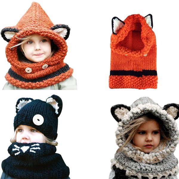 

handmade autumn fox knitted wrap winter scarf kids cute hats hats wool caps children touca infantil fjwsg, White;black