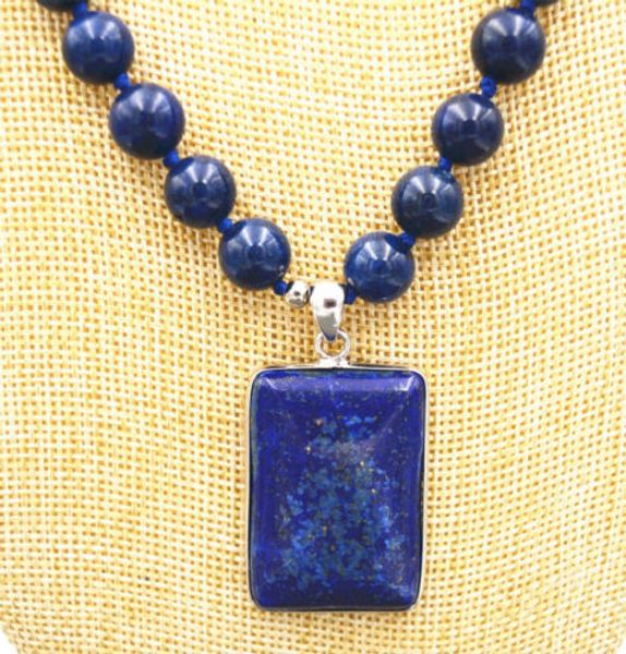 

beautiful 10mm blue lapis lazuli beads & cube pendant necklace 18 ", Silver