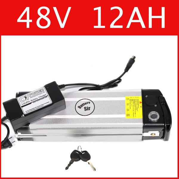 Bateria de lítio de bicicleta elétrica de 48V 12AH Bateria de peixe de prata 54.6V bateria de íon de lítio + carregador + BMS, direito aduaneiro livre