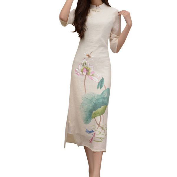 

women's tea length cotton cheongsam qipao chinese traditional dress party dress long and straight with two side vents, Blue;red