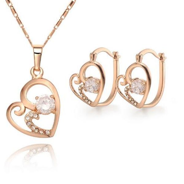 

18k позолоченный ожерелье серьги набор сердца алмазный кулон ювелирные изделия заявление bridal изысканная леди ювелирные изделия для украше, Silver