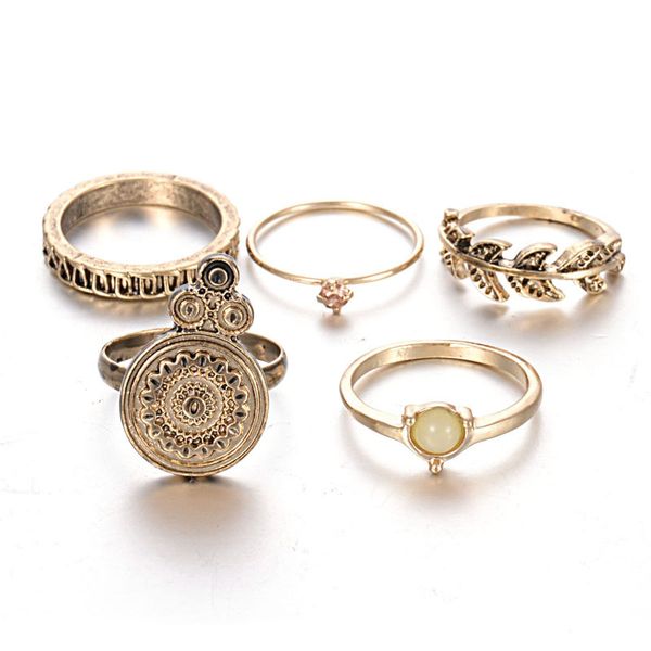 

5pcs rings sets fashion restore ancient ways plating alloy leaves personality combination pearl ring wholesale women rings jewelry set, Golden;silver