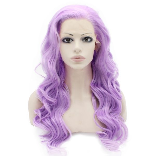 Parrucca da festa in costume viola con capelli sintetici lunghi ondulati legati a mano in pizzo