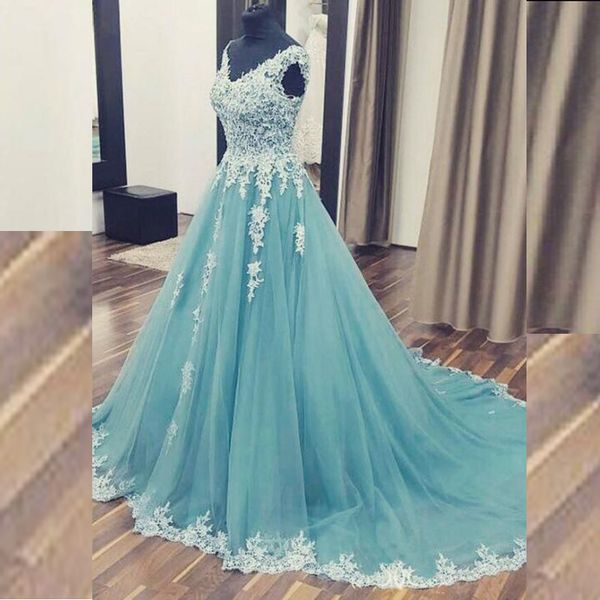 

dusky blue tulle arabic dresses unique a line evening gown prom dress v neck sleeveless lace appliques formal gowns with sweep train, Black