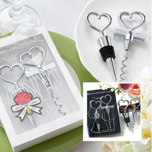 

5 sets gift box chrome heart bottle ser & wine bottle opener metal corkscrew wedding party bar tool favors xmas gift, Black