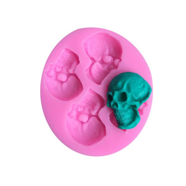 Molde de bolo de caveira de silicone, moldes de halloween rosa, molde de silicone para bolos fondant, açúcar, sabão, faça você mesmo, ferramenta de cozimento, 4 cavidades 122005