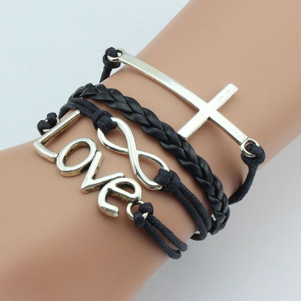 

selling hand-weaving leather bracelet multi layer charm bracelet antique silver brass infinity bracelets jewelry for lady's