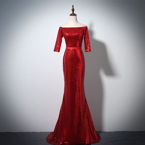 

с плеча блестки русалка вечерние платья bling 2018 половина рукава вечерние платья зашнуровать платья партии, Black;red