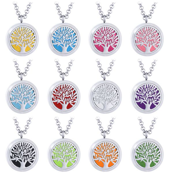 

aromatherapy essential oil diffuser pendant necklaces stainless steel chain tree of life floating locket necklace for women, Silver
