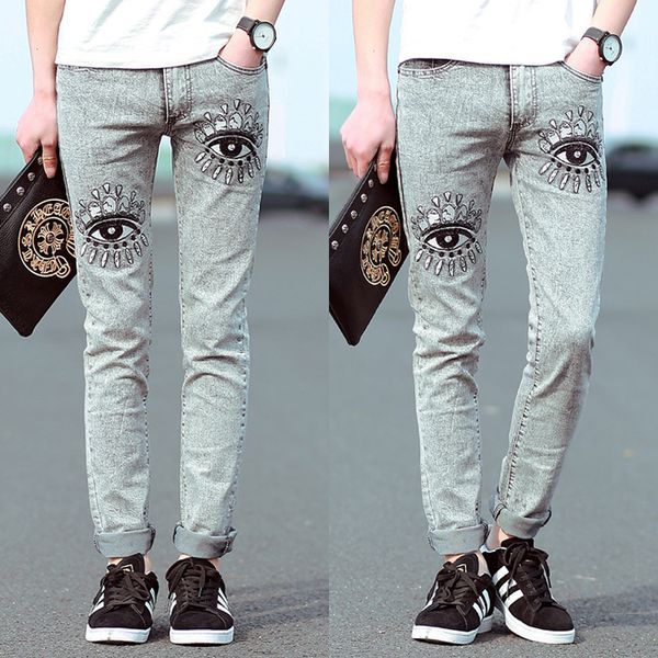 

wholesale-2016 new pants metrosexual korean men jeans pants embroidered eyes, Blue