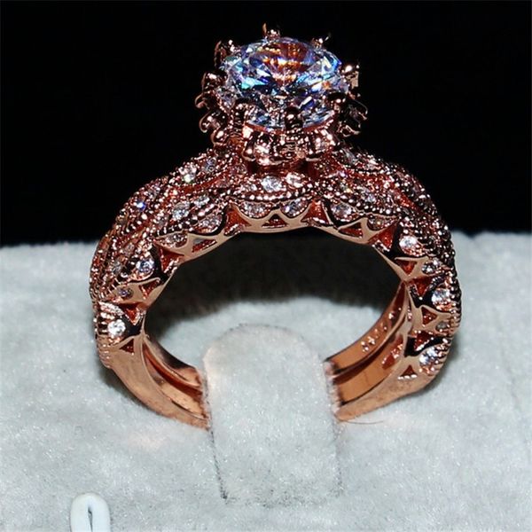 

fashion s925 silver&rose gold flower ring luxury 3ct white diamond gemstone jewelry engagement wedding couple band rings set size 5-11, Slivery;golden
