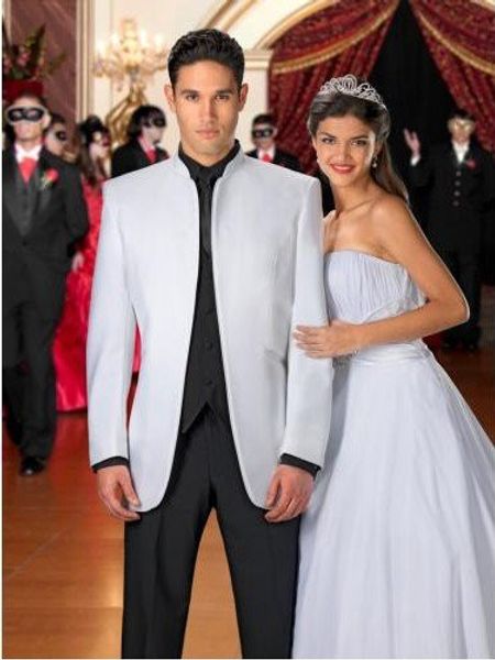

wholesale- new groom tuxedos mandarin collar groomsmen men wedding business suits ( jacket+pants+vest+tie, White;black