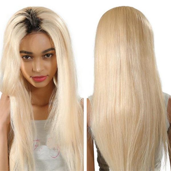 Fashion Two Tone Human Hair Wigs Straight 1bt60 Platinum Blonde