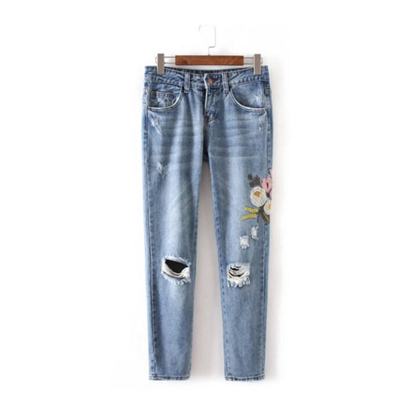 

wholesale- harajuku ripped hole flower embroidery denim pants new woman casual jeans femme taille haute pantalon pants long jeans feminino, Blue