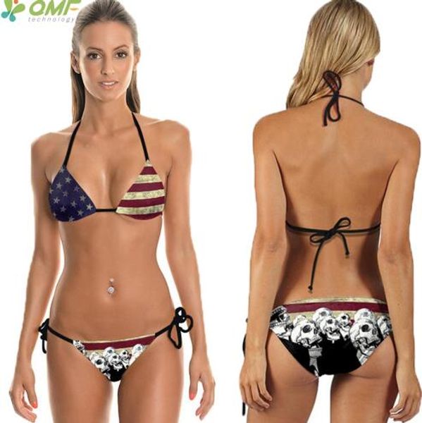 Vintage USA Flagge Bikini Set Bandage Badeanzüge Harajuku Totenköpfe Badeanzug Damen Push Up Brasilianische Bademode Rote Streifen Print