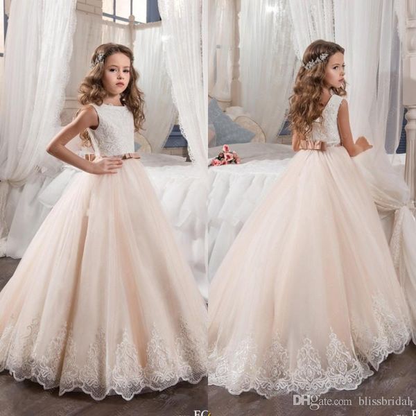 

2017 vintage flower girl dresses for weddings blush pink custom made princess tutu sequined appliqued lace bow kids first communion gowns, White;blue