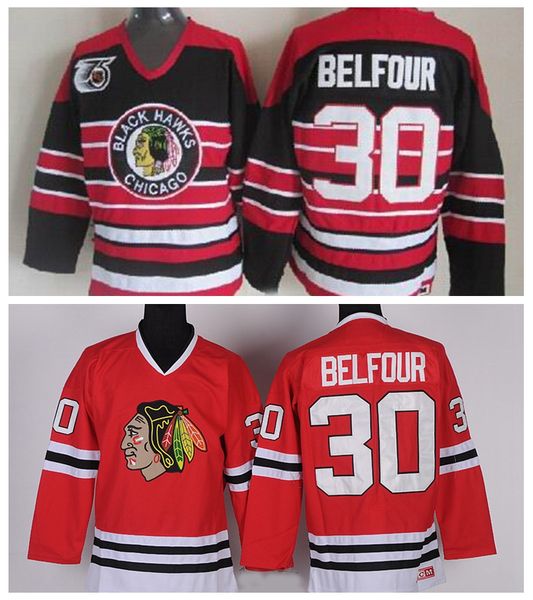 

vintage chicago blackhawks hockey jerseys mens 30 ed belfour home red vintage ed belfour 75th anniversary black stitched jersey s-xxxl, Black;red