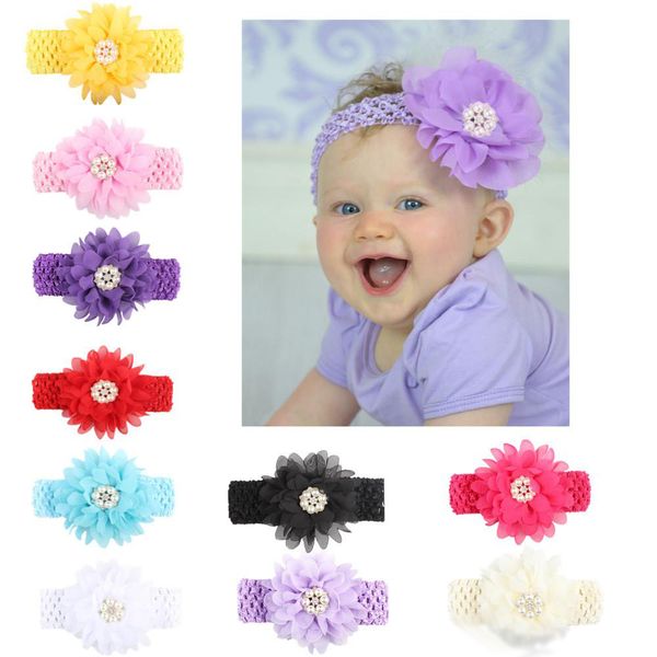

baby headbands chiffon flowers headband for girls toddler boutique elastic hair bands childrens pearl rhinestones hair accessories, Slivery;white