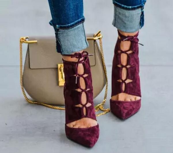 

2017 new summer women cuts out boots suede leather booties ankle mujer boats lace up boots point toe women thin heel party shoes, Black