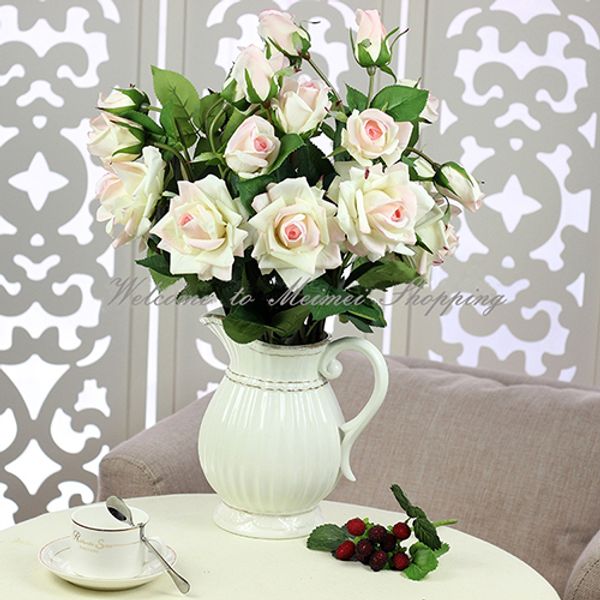 

wholesale-5 pieces(3 flower heads---1blossom+1semi blossom+1bud / per piece)home/wedding decoration artificial real touch flower roses