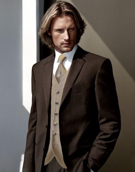 Dois botões de chocolate marrom noivo smoking lapela entalhe melhor homem groomsman baile de finalistas de negócios blazer de negócios (jaqueta + calça + colete + gravata) g49
