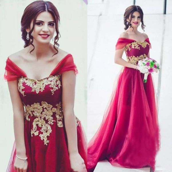 Nahen Osten Rote Abendkleider Elegante Cap Sleeves Gold Spitze Appliques A Line Prom Kleider Saudi-Arabien Tüll Formelle Partykleid