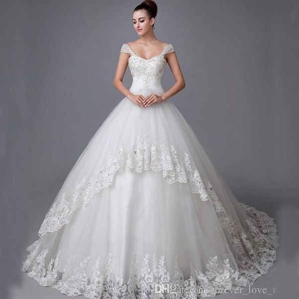 Abito da ballo Abiti da sposa Applique Perline di cristallo Pizzo senza maniche Scollo a cuore con spalline Abiti da sposa in tulle