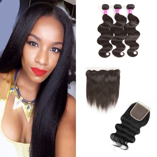 

body wave hair wefts straight virgin hair weaves bundles with closure or ear to ear frontal closure unprocessed natural color human hair, Black