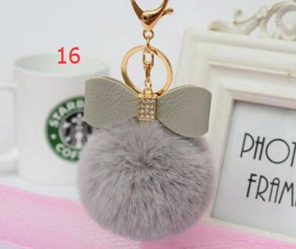 

rabbit fur pompoms plush fur ball real rabbit bowknot pom keychain real rex rabbit fluffy fur ball key ring key chains for bag 17 colors, Silver