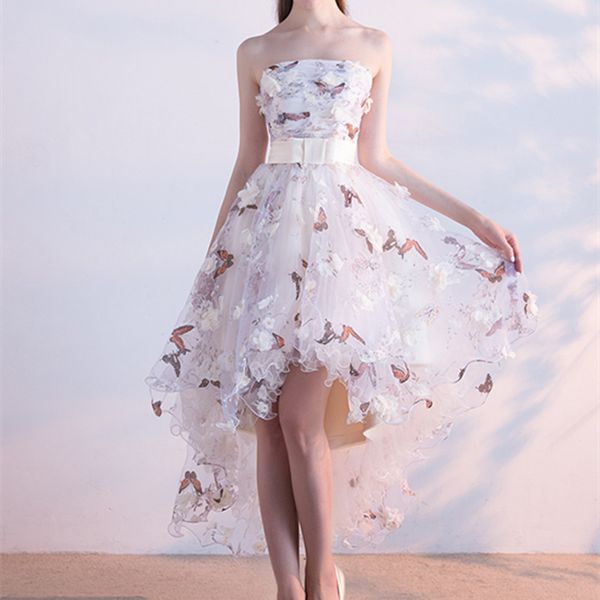 

high low floral embroidery prom dresses 2019 a-line matched bow sash 3d flower butterfly strapless evening dresses formal pageant gowns p203, Black