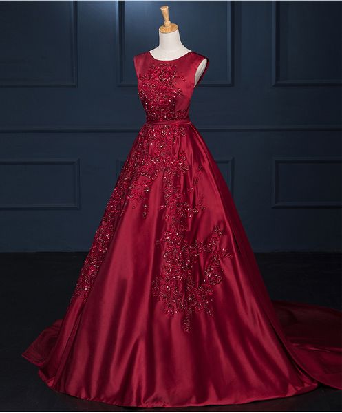 

stunning evening dress dark red satin with embroidery sleeveless sweep train backless long prom dresses real ps dark red, Black;red