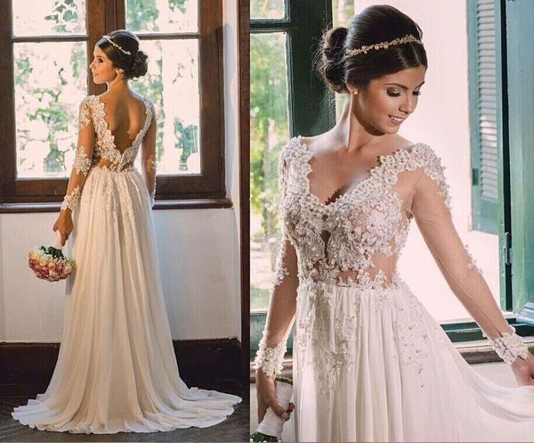 

2020 романтический sheer длинные рукава bohemian свадебные платья v шеи кружева аппликация pearls бич свадебное платье дешевые партия платья, White