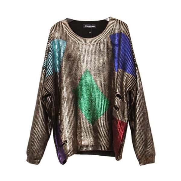 

wholesale-vintage bronzing golden sliver color hole sweater retro loose bronzing colored knit jumper woman knitwear gold sliver color, White;black