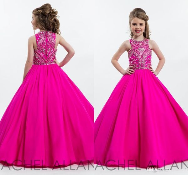 Fúcsia Sparkly Princesa Meninas Pageant Vestidos para Adolescentes Beading Strass Até O Chão Flor Crianças Desgaste Formal Vestidos de Baile 241k