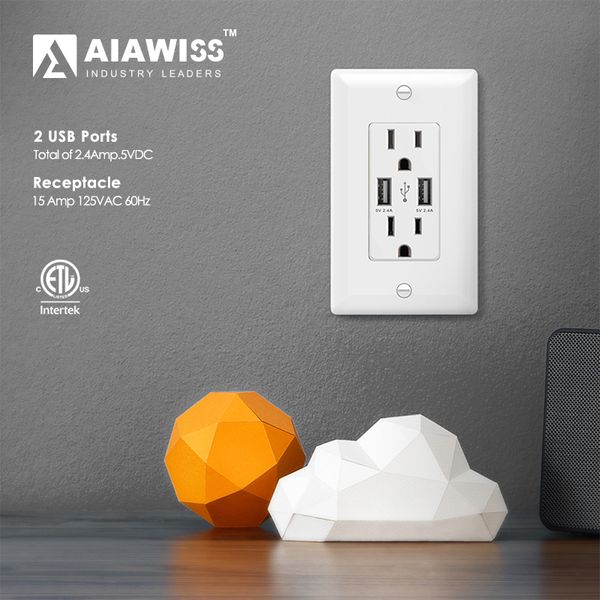 

AIAWISS AWUS004 Смарт Dual USB зарядное устройство на выходе 2.4A-12W Ultra-High-Speed, 2 Receptacles 15A / 125V USB стены Scoket, Белый Черный