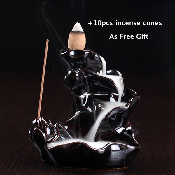 

wholesale- with 10 pcs incense cones black porcelain backflow ceramic cone incense burner holder incense stove buddhist gifts home decor