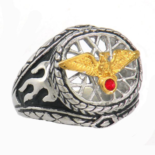 

fanssteel stainless steel punk vintage mens or womens jewelry gold eagle with red stone on the birdnet flame ring gift 10w81, Silver