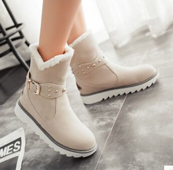 

wholesale-women new fashion autumn winter warm fur snow boots preppy style flat heels round buckle shoes large plus size 40-43, Black